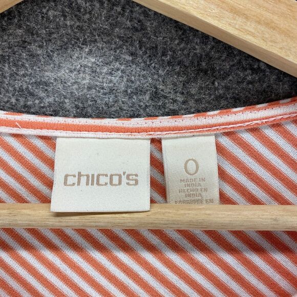 Chico's T-Shirt Women 0 Red Striped Short Sleeve Round Neck Rayon Casual Comfort - Picture 5 of 9